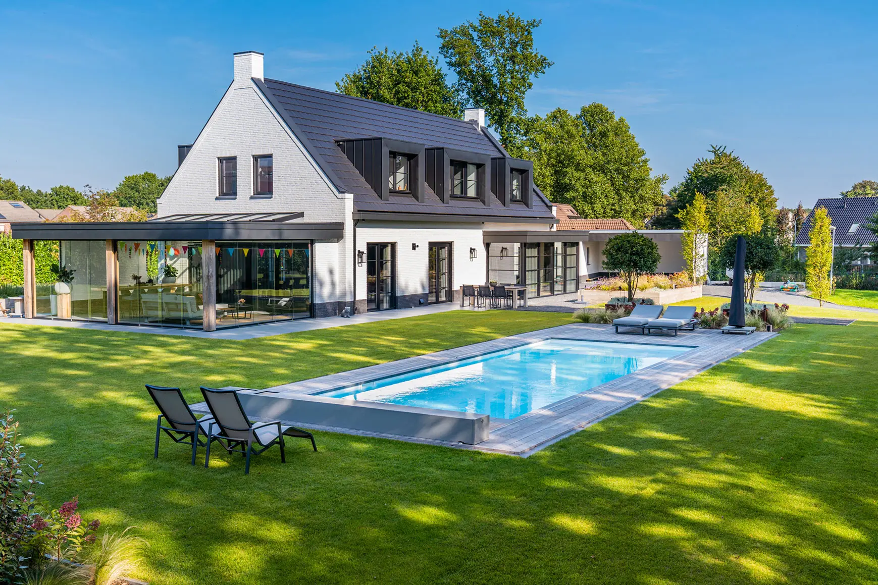 a pool in a backyard of a house